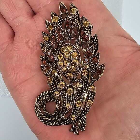 Vintage Yellow Brown Crystal Rhinestone Floral Big Brooch Pin Pendant Gold Tone‎ - Picture 13 of 13